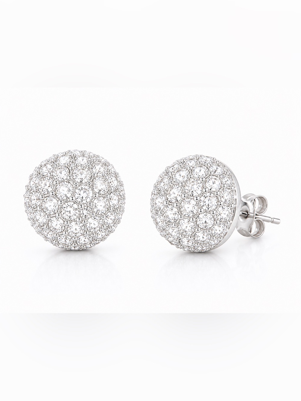 Sable & Red Silver Crystal Pave Stud Dome Earrings Rhinestone Round 0.56”